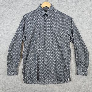 Visconti Black Men's Gray Weave-Print Size M Dress Shirt 100% Cotton Embroidered